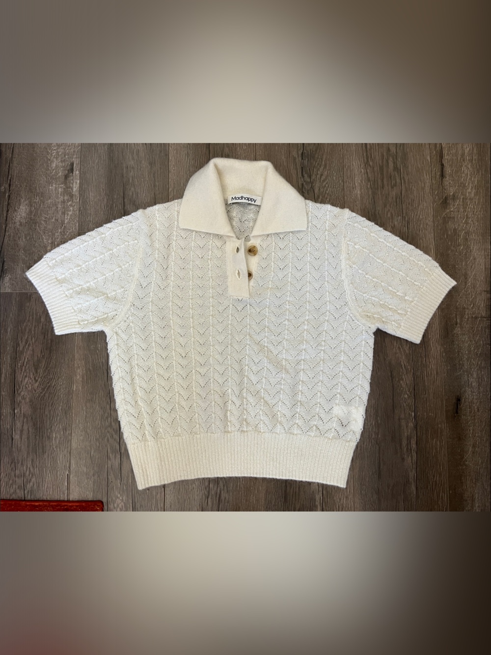 Madhappy Cream Cable-Knit Short-Sleeve Polo Sweater
